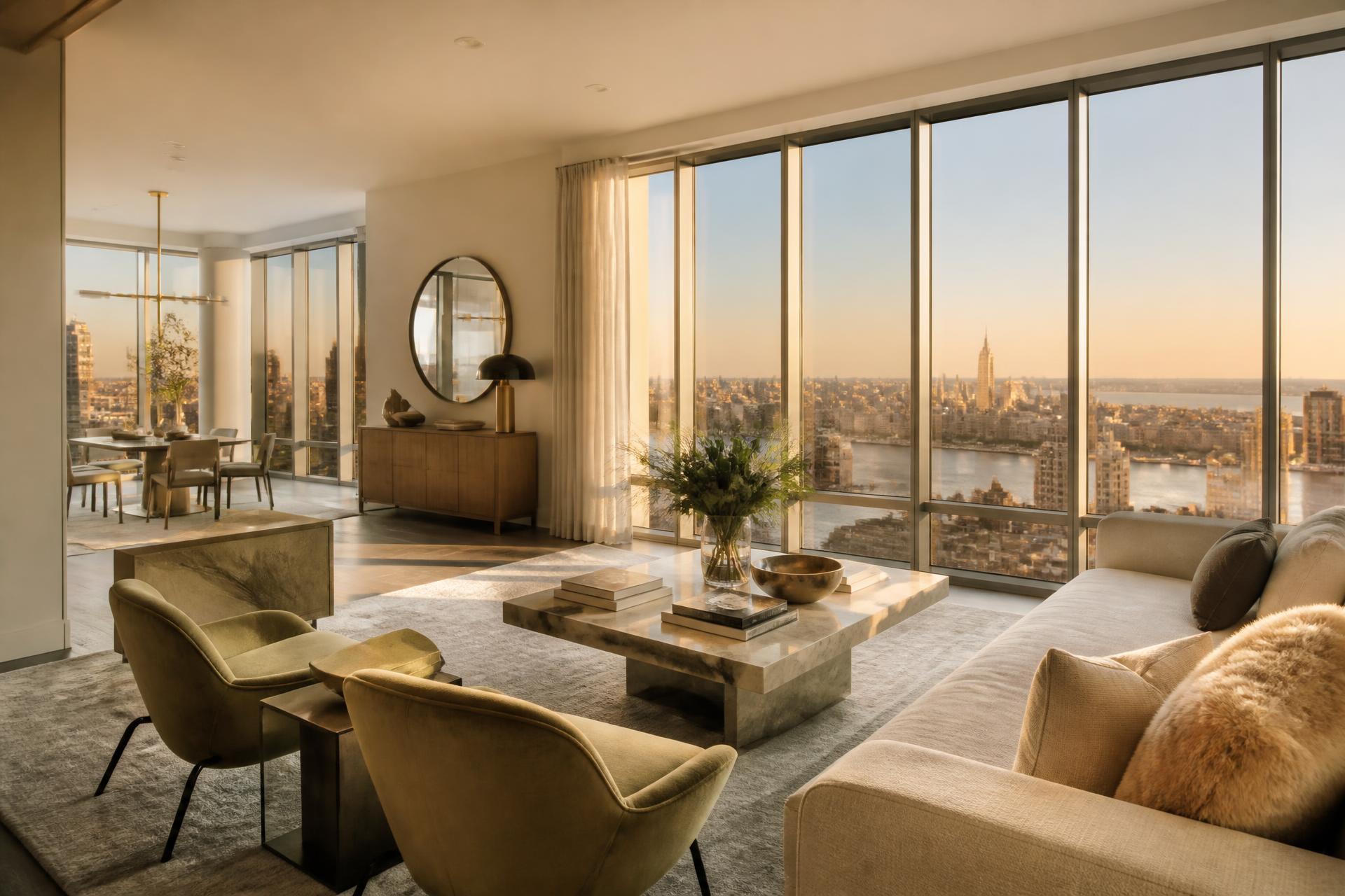 Luxury apartment living room at golden hour