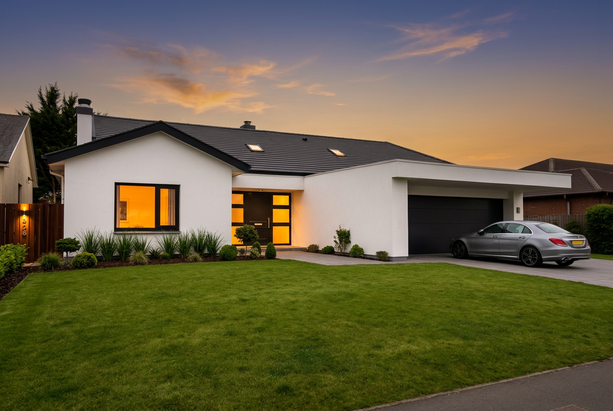 Villa · Twilight & landscaping after AI enhancement